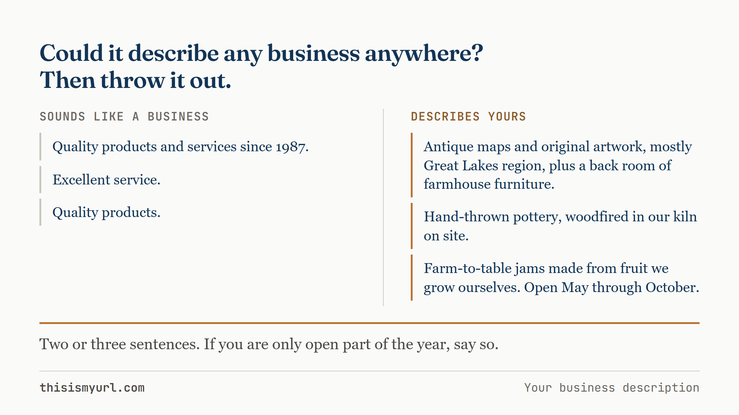Two columns of business descriptions: three generic lines against three naming antique maps, a kiln and homegrown fruit.