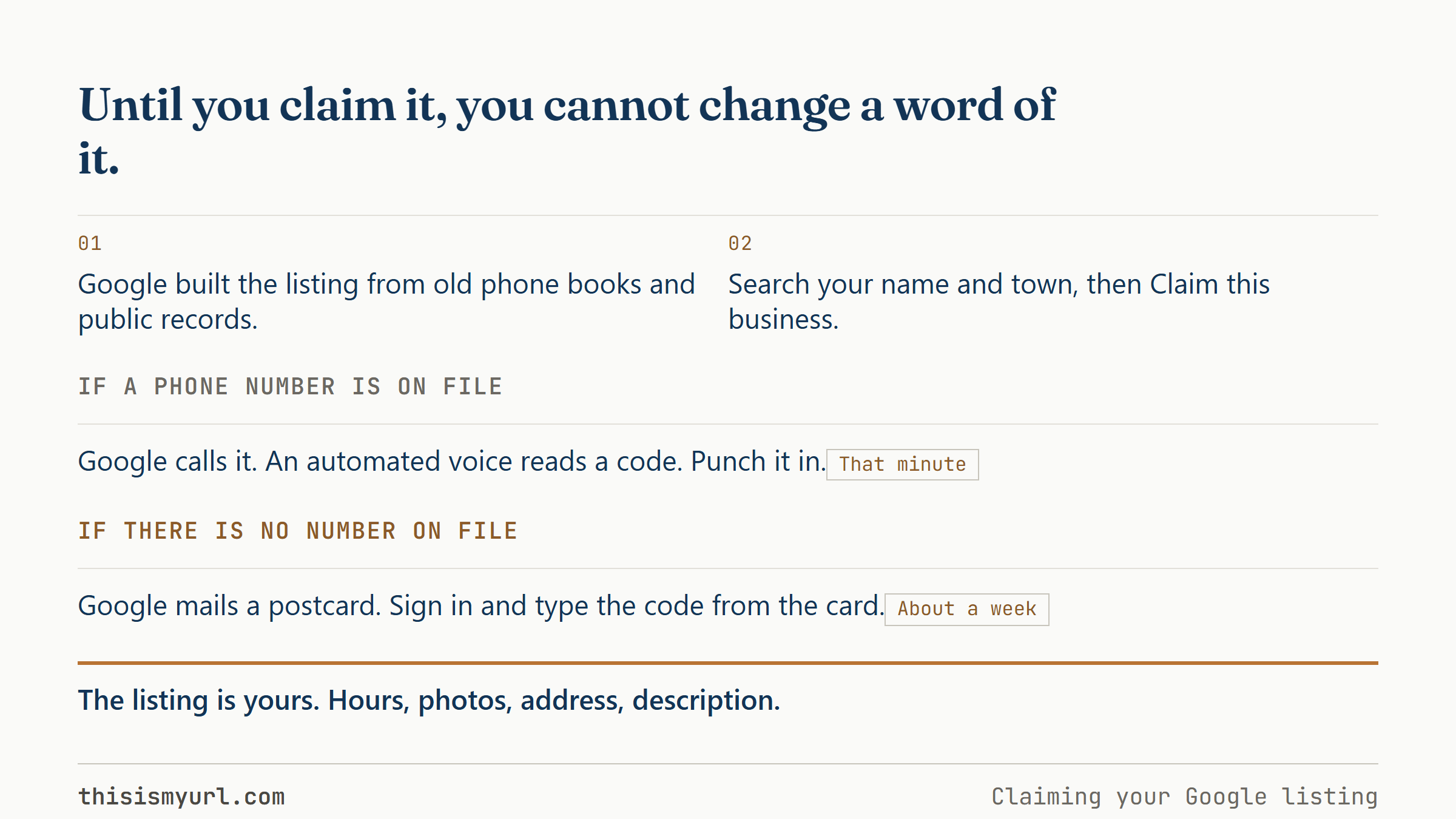 A flow for claiming a Google listing, forking into phone verification in a minute or a mailed postcard in about a week.