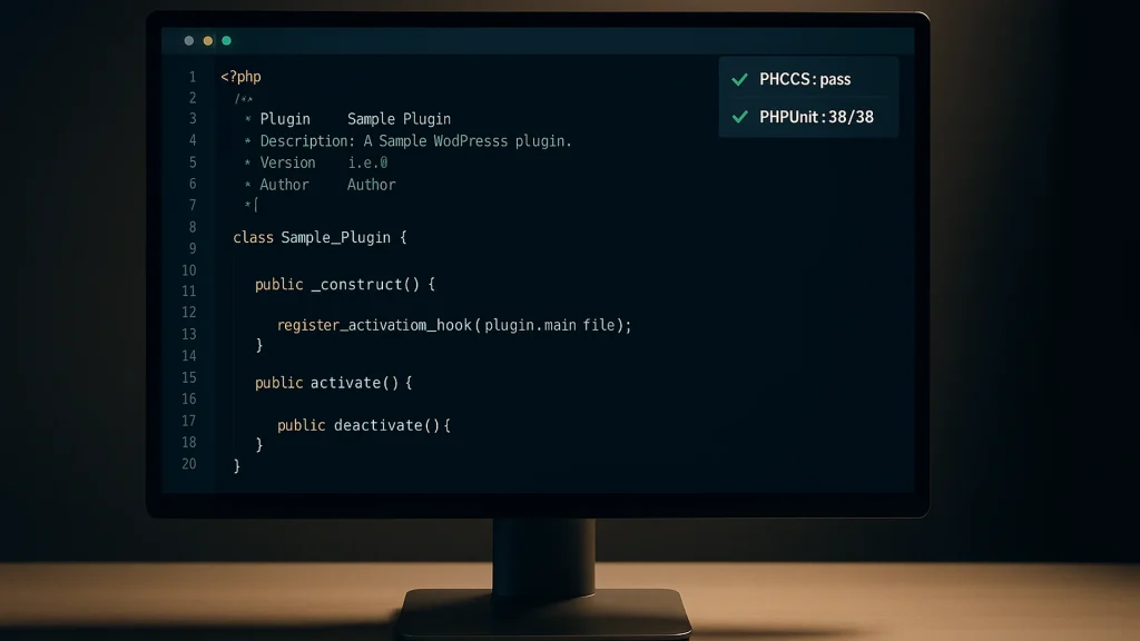 Code editor showing PHP WordPress plugin file with syntax highlighting and CI status panel showing PHPCS pass and PHPUnit 38 of 38 tests passing