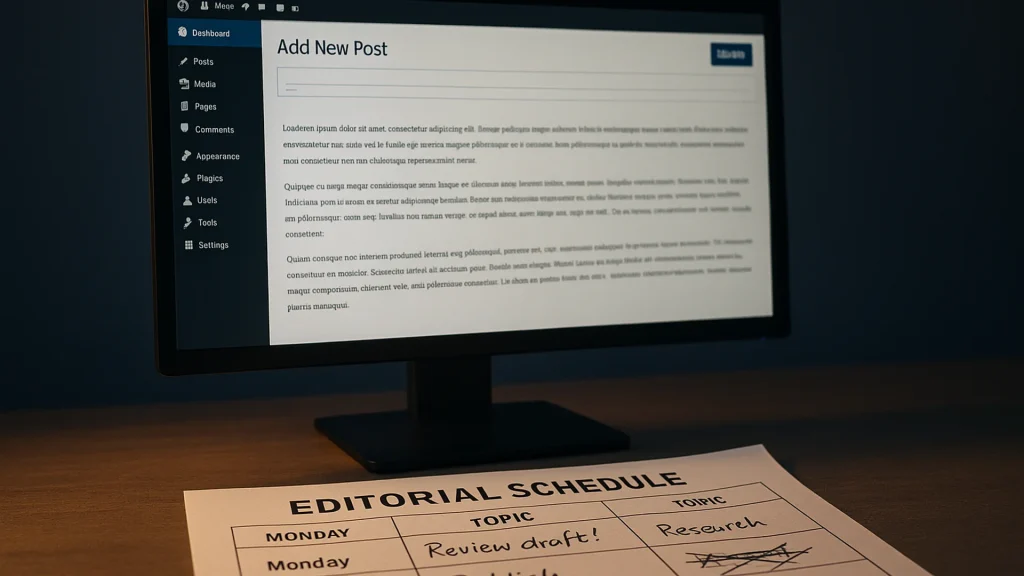 A monitor showing a WordPress post editor open to a long-form article with a printed editorial schedule annotated beside it deadline pressure mood