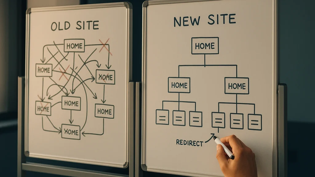Two whiteboards side by side showing old site URL structure with chaos on left and new clean taxonomy tree on right hand drawing a redirect arrow