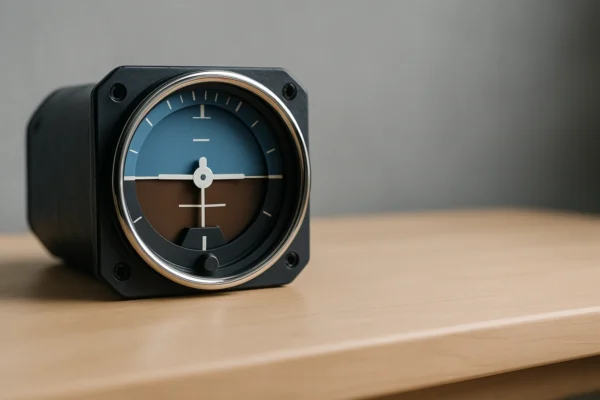 A small-aircraft attitude indicator resting level on a maple bench in daylight.