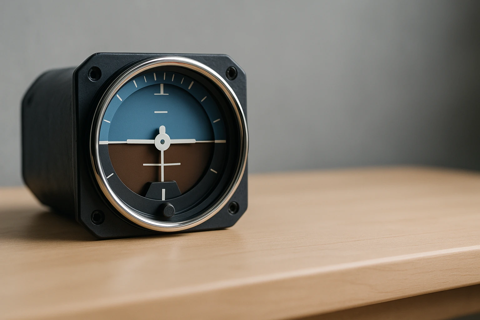 A small-aircraft attitude indicator resting level on a maple bench in daylight.