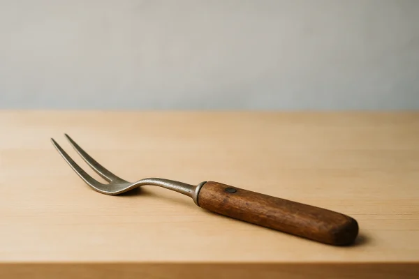 A worn wooden-handled kitchen fork resting on a pale maple workbench, lit by soft daylight from the upper left.