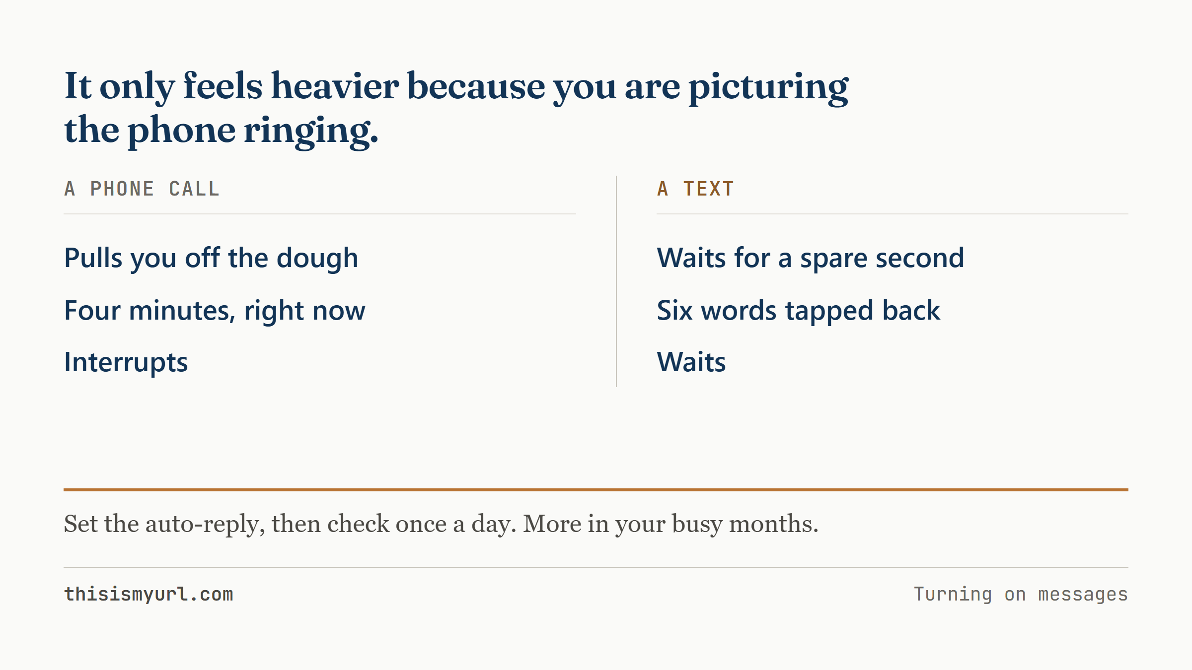 Two columns comparing a phone call that pulls you away for four minutes against a text that waits for a spare second.