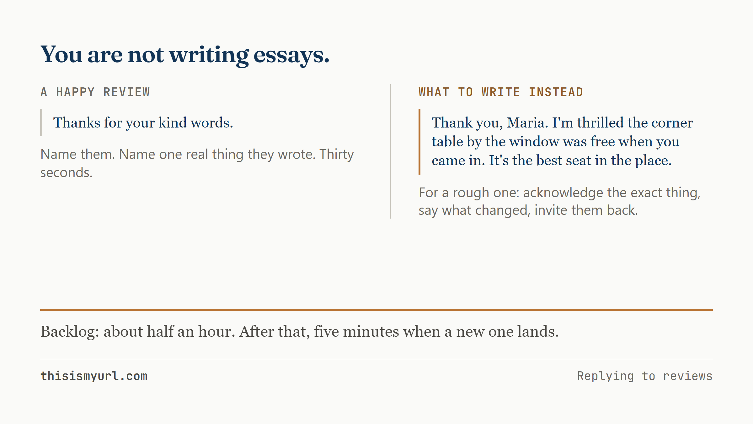 Two review replies: a generic thanks for your kind words against a specific one naming the corner table by the window.