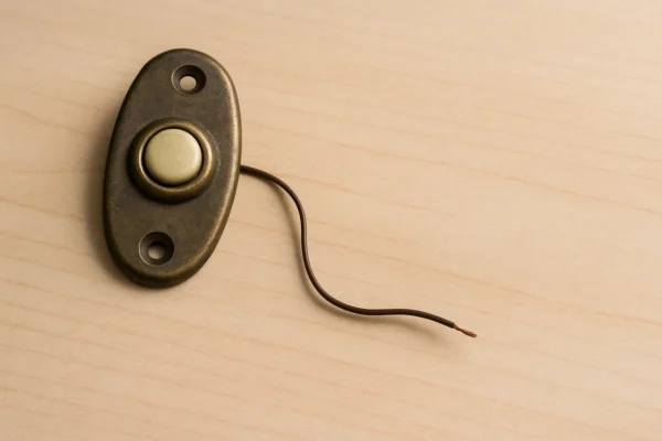 An unmounted brass doorbell button on a maple surface, its wire ending disconnected beside it.