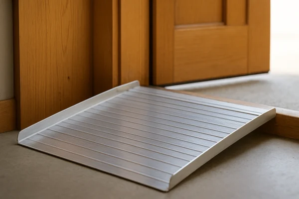 A portable aluminum threshold ramp at a wooden doorway, lit by open-door daylight.