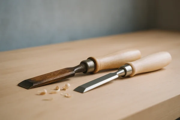 Two hand chisels side by side on a maple workbench, one worn from decades of use, one new.