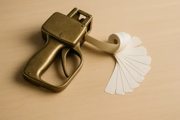 A brass price-tag gun with a fan of blank paper tags on a maple counter.