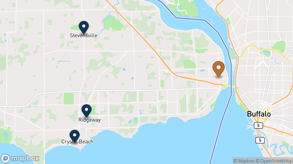 Map of Fort Erie with its communities marked: Fort Erie, Ridgeway, Crystal Beach, and Stevensville. Fort Erie carries the copper marker because that is where Christopher Ross works from.