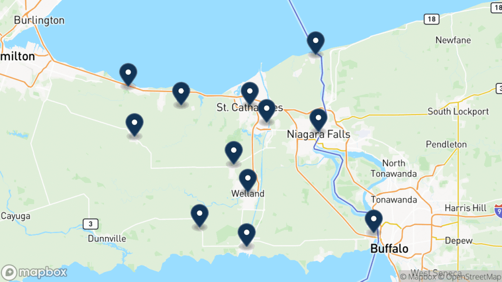 Map of the Niagara region with every municipality marked: Fort Erie, St. Catharines, Niagara Falls, Welland, Grimsby, Lincoln, Smithville, Pelham, Thorold, Niagara-on-the-Lake, Port Colborne, and Wainfleet. Christopher Ross works from Fort Erie, at the eastern edge of the region.