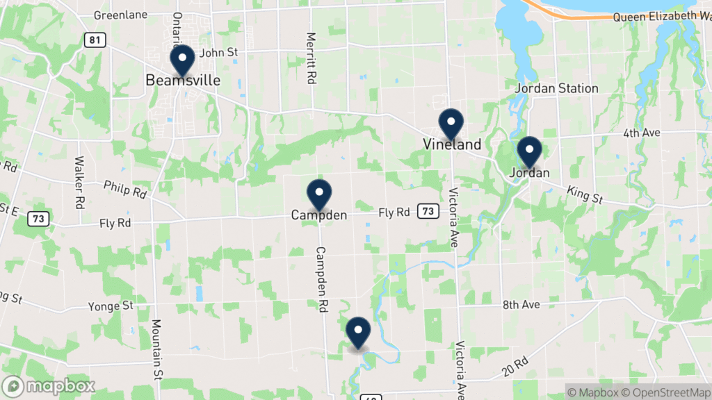 Map of Lincoln, Ontario, with its villages marked: Beamsville, Jordan, Vineland, Campden, and Tintern. Christopher Ross builds and supports websites for businesses across the township, from Fort Erie in the Niagara region.