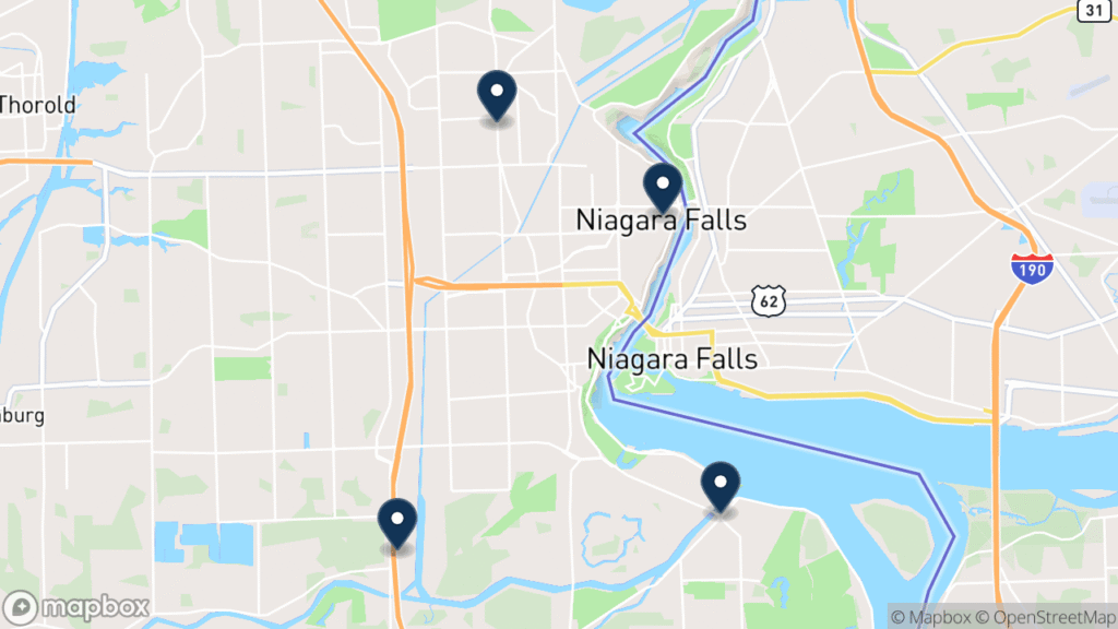 Map of Niagara Falls with its communities marked: Niagara Falls, Chippawa, Stamford, and Montrose. Christopher Ross builds and supports websites for businesses here, from Fort Erie in the Niagara region.