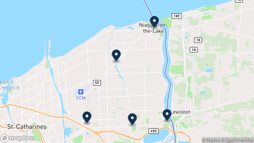 Map of Niagara-on-the-Lake with its villages marked: Niagara-on-the-Lake, Virgil, St. Davids, Queenston, and Glendale. Christopher Ross builds and supports websites for businesses here, from Fort Erie in the Niagara region.