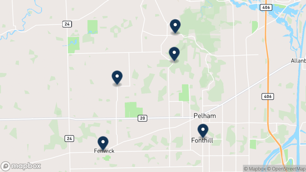 Map of Pelham with its five hamlets marked: Fonthill, Fenwick, Ridgeville, North Pelham, and Effingham.