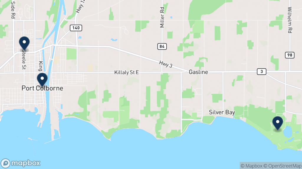 Map of Port Colborne with its communities marked: Port Colborne, Humberstone, and Sherkston. Christopher Ross works from Fort Erie, along the lake.