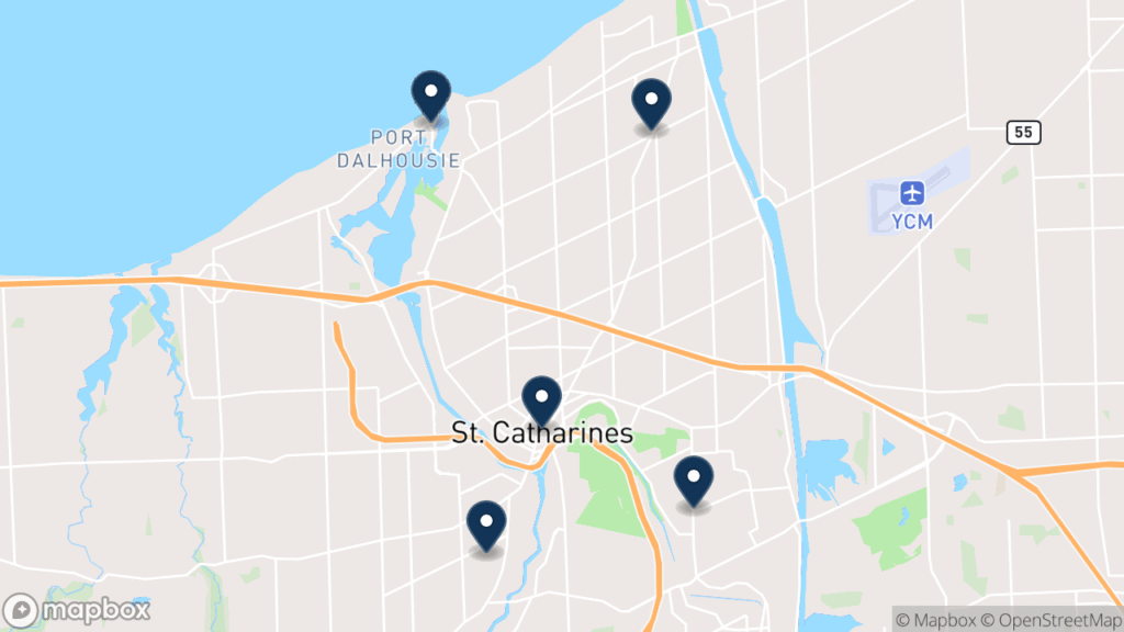 Map of St. Catharines with its neighbourhoods marked: St. Catharines, Port Dalhousie, Merritton, Grantham, and Western Hill. Christopher Ross builds and supports websites for businesses here, from Fort Erie in the Niagara region.