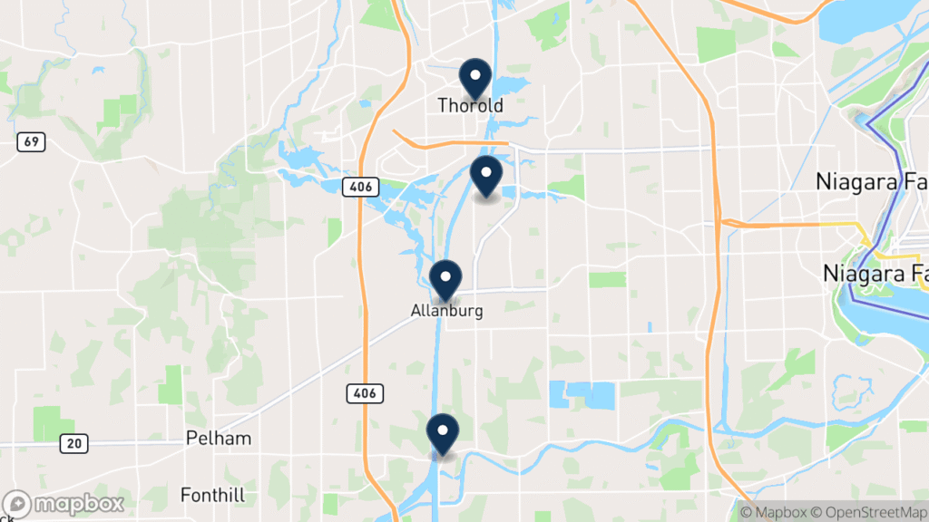 Map of Thorold with its communities on both sides of the canal marked: Thorold, Thorold South, Allanburg, and Port Robinson. Christopher Ross builds and supports websites for businesses here, from Fort Erie in the Niagara region.