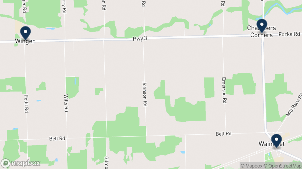 Map of Wainfleet with its hamlets marked: Wainfleet, Chambers Corners, and Winger. Christopher Ross works from Fort Erie, along the lakeshore.