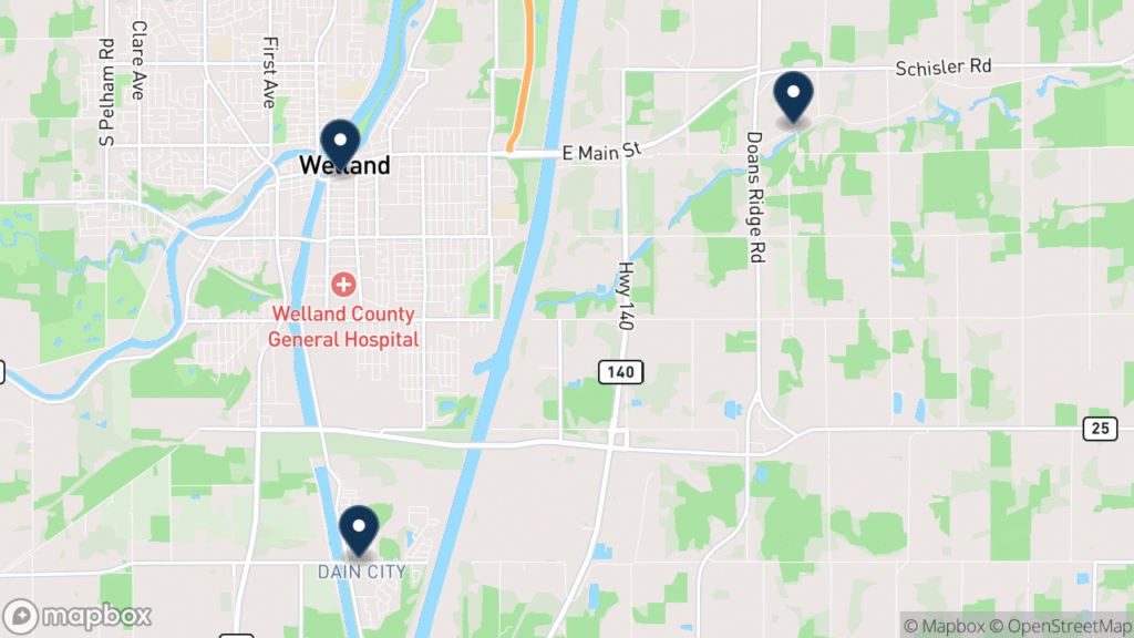 Map of Welland with its neighbourhoods marked: Welland, Dain City, and Cooks Mills. Christopher Ross works from Fort Erie, about twenty minutes away.