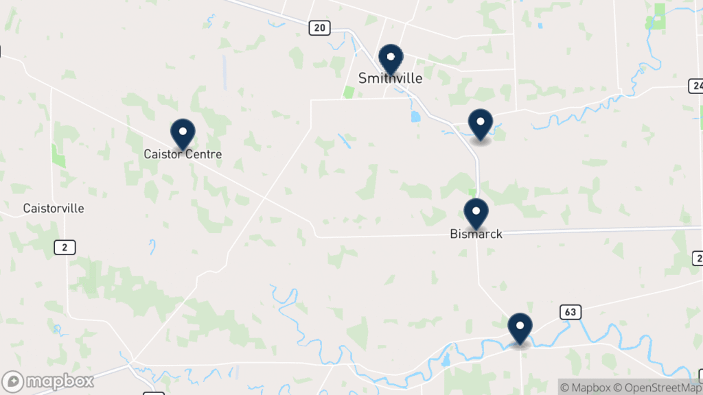 Map of West Lincoln with Smithville and the rural hamlets marked: Smithville, Caistor Centre, Wellandport, St. Anns, and Bismarck. Christopher Ross builds and supports websites for businesses here, from Fort Erie in the Niagara region.