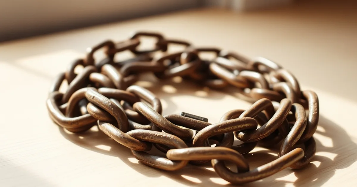 A coil of thick, rusted chain lies partially unspooled, suggesting both connection and potential entanglement.
