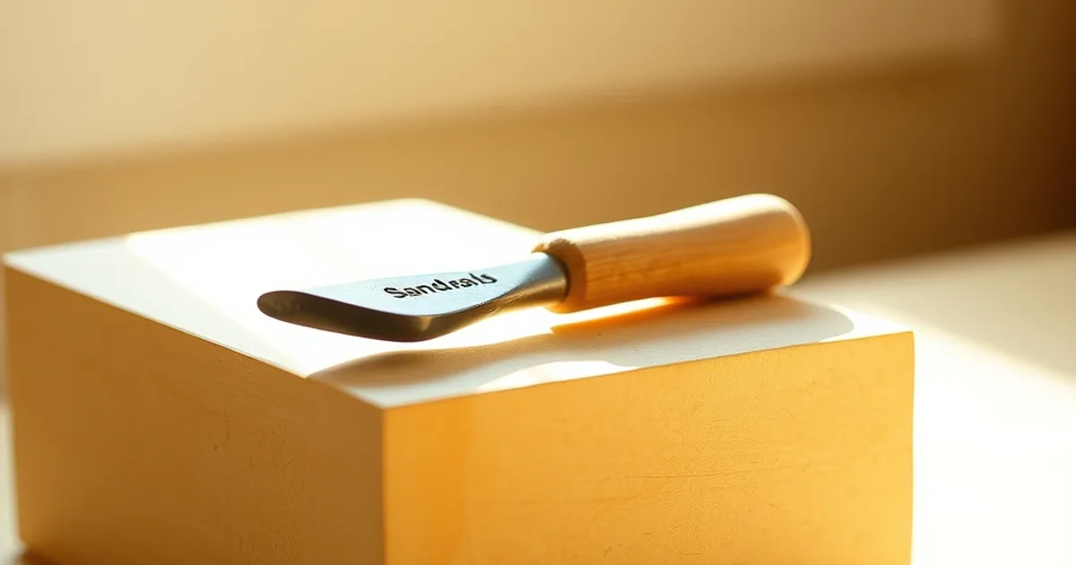 A single, worn hand tool – a small, blunt chisel – lies angled against a larger, unworked block of the same material.
