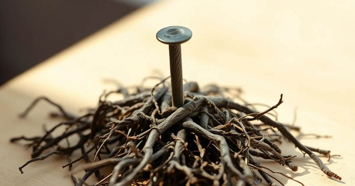 A single, weathered nail is bent slightly, partially embedded in a mass of damp, workable plant roots.
