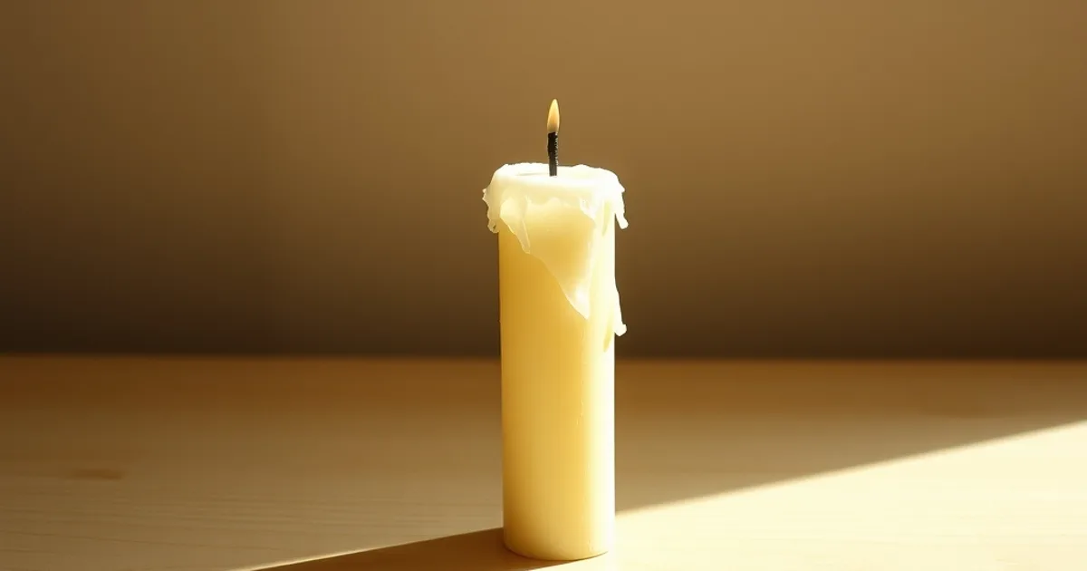 A single, unlit candle stands bent and partially melted, suggesting diminished potential despite remaining form.
