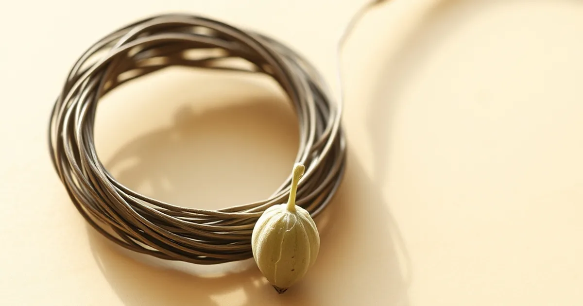 A single, partially-sprouted seed rests beside a coil of tightly-wound wire.